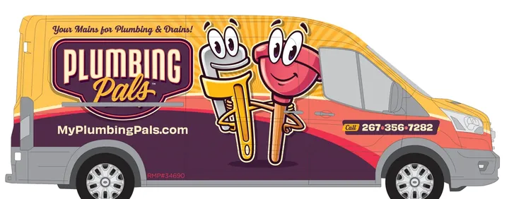 Driver-side view of the Plumbing Pals Ford Transit wrap in plum and gold with the two mascots